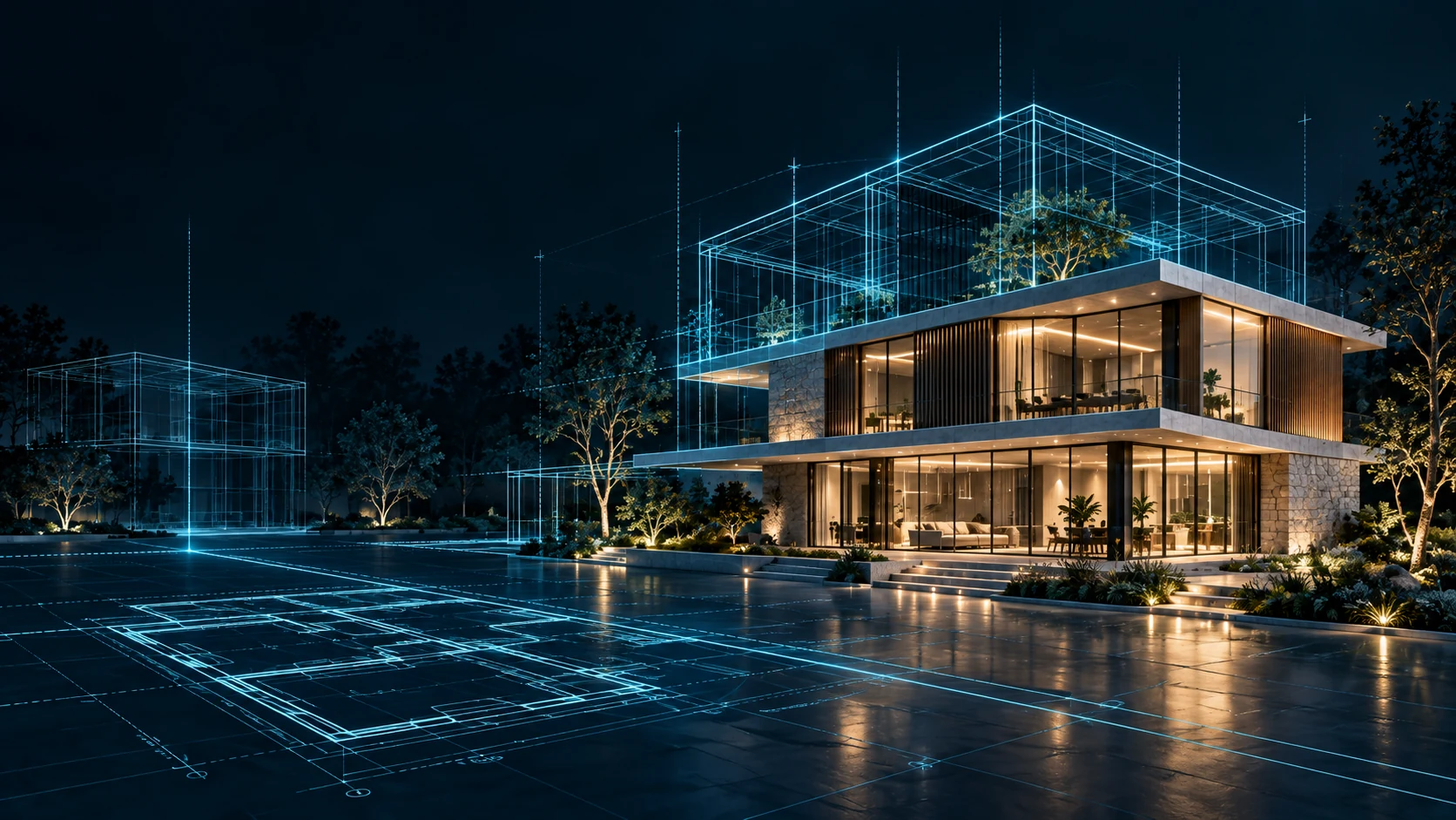 Cíclope AR: arquitectura nocturna con planos y volúmenes en cian